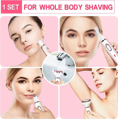 4 in 1 Women Electric Shaver Rechargeable Waterproof Razor Painless Epilator Body Hair Remover Nose Hair Beard Bikini Trimmer Eyebrow Face Facial Armpit Legs Removal Clipper Lady Grooming Groomer Kit